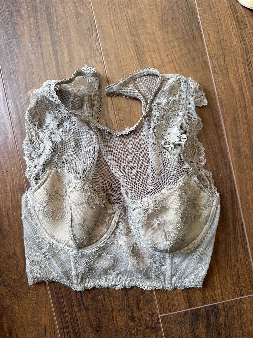 New Sheer Lace Longline Bralette in Taupe